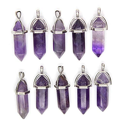ALEXCRAFT Wholesale Natural Amethyst Crystal Pendant 10 PCS Hexagonal Healing Reiki Quartz Stones Bulk for Jewelry Making - Image 1