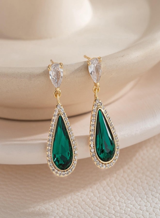 EVEVIC Austrian Crystal Teardrop Dangle Drop Earrings for Women 14K Gold Plated Jewelry Gifts (Emerald) - Image 4
