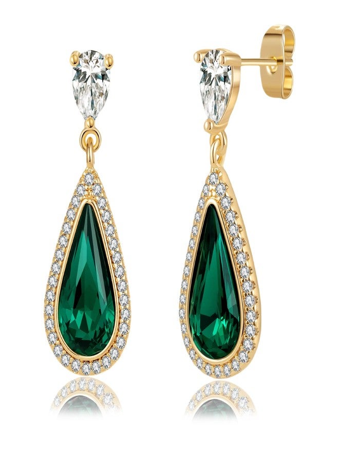 EVEVIC Austrian Crystal Teardrop Dangle Drop Earrings for Women 14K Gold Plated Jewelry Gifts (Emerald) - Image 1