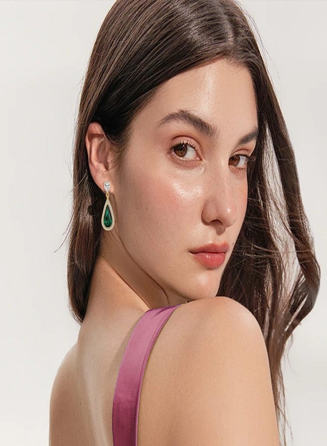 EVEVIC Austrian Crystal Teardrop Dangle Drop Earrings for Women 14K Gold Plated Jewelry Gifts (Emerald) - Image 2