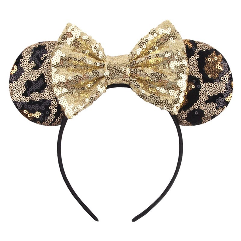 Foeran Mouse Ears Headbands Shiny Bows Mouse Ears Glitter Party Princess Decoration Cosplay Costume for Girls Women LeopardGold