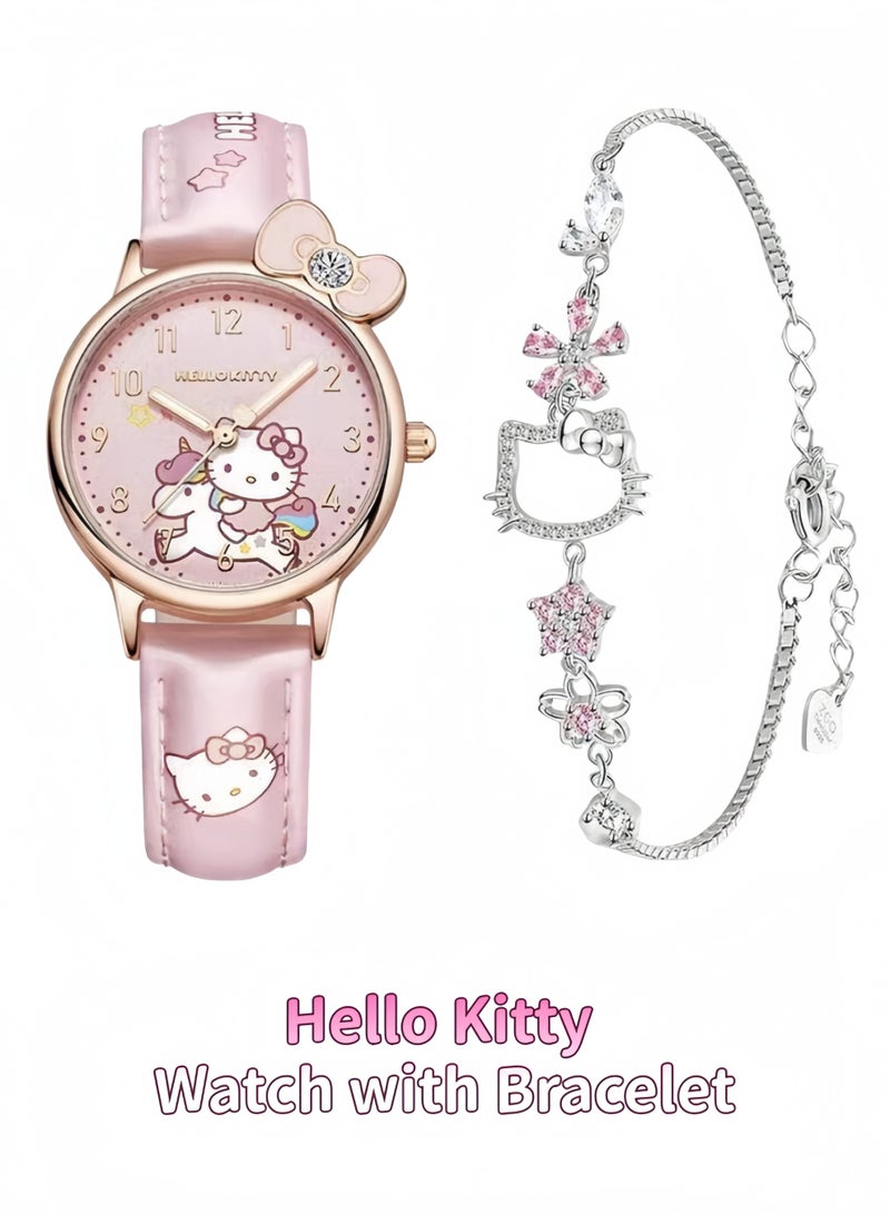 Hello Kitty Watch Gifts Set with Bracelet Pink for Lady Female Girls Minimalist Slim Thin Casual Dress Analog Quartz Wrist Watches - Image 1