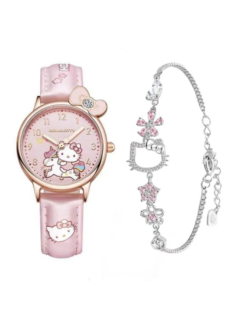 Hello Kitty Watch Gifts Set with Bracelet Pink for Lady Female Girls Minimalist Slim Thin Casual Dress Analog Quartz Wrist Watches - Image 4