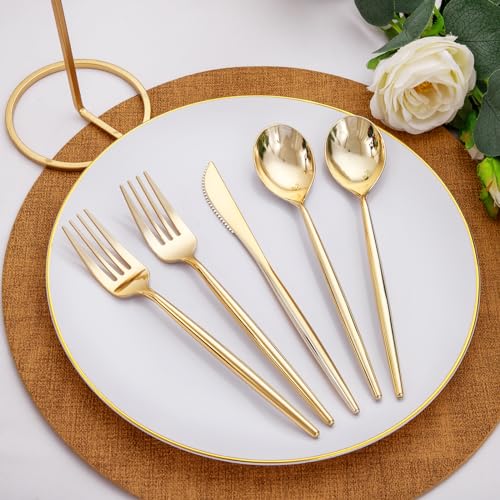 Rubtlamp 90Pcs Gold Plastic Silverware, Gold Disposable Thanksgiving Utensils, Plastic Cutlery Include 30 Plastic Knives, 60 Forks and Spoons, Fancy Plastic Silverware Heavy Duty for Thanksgiving - Image 3