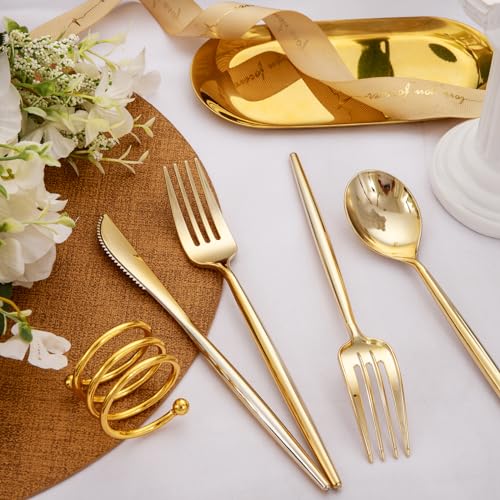 Rubtlamp 90Pcs Gold Plastic Silverware, Gold Disposable Thanksgiving Utensils, Plastic Cutlery Include 30 Plastic Knives, 60 Forks and Spoons, Fancy Plastic Silverware Heavy Duty for Thanksgiving - Image 5