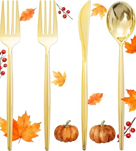 Rubtlamp 90Pcs Gold Plastic Silverware, Gold Disposable Thanksgiving Utensils, Plastic Cutlery Include 30 Plastic Knives, 60 Forks and Spoons, Fancy Plastic Silverware Heavy Duty for Thanksgiving - Image 1