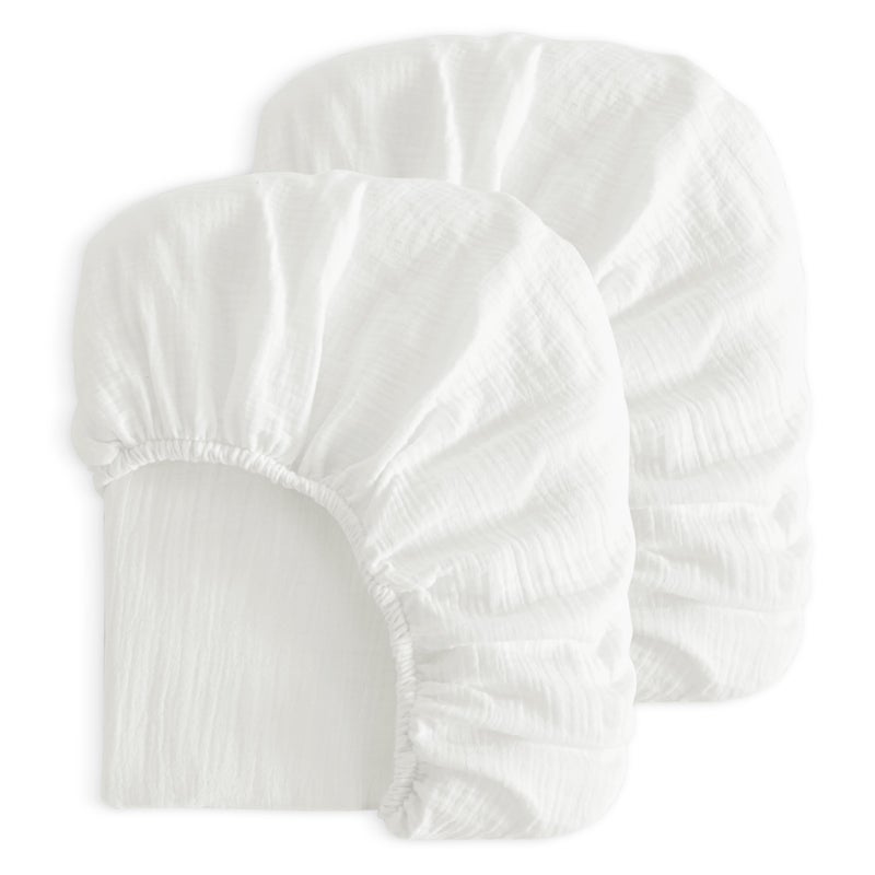 NTBAY 2 Pack Muslin Cotton Mini Crib Sheets, Soft and Breathable Double Layer 24x38 Baby Crib Sheets for Mini Crib and Toddler Mattresses, Boys, Girls, Unisex, White, 24x38 Inches - Image 1