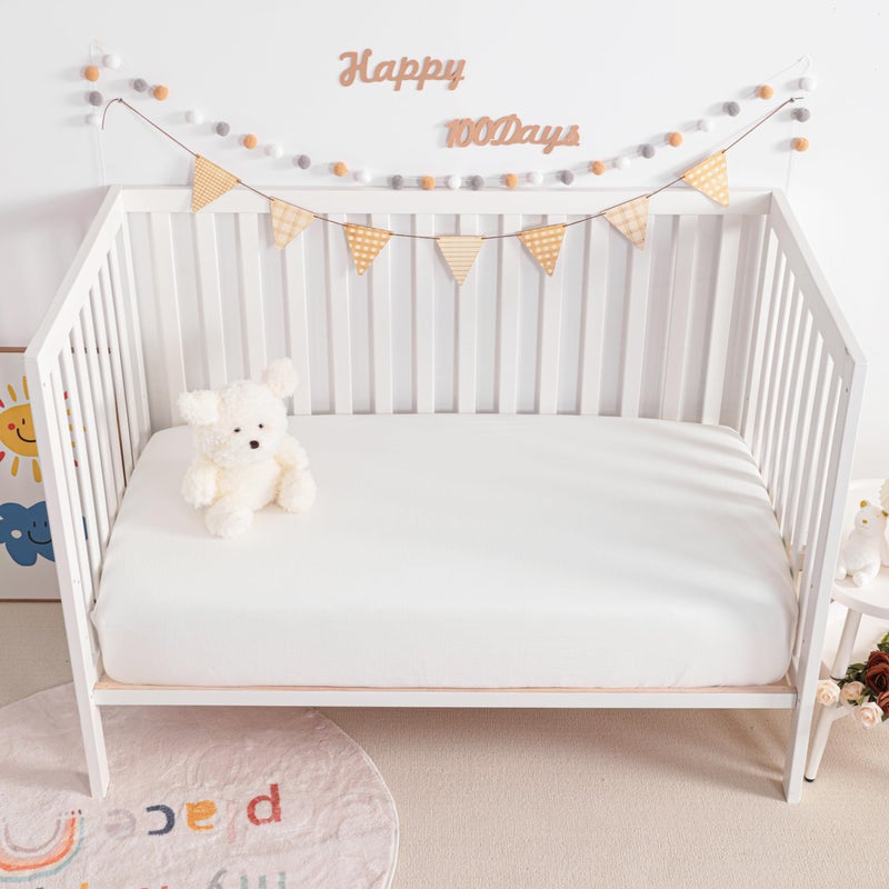 NTBAY 2 Pack Muslin Cotton Mini Crib Sheets, Soft and Breathable Double Layer 24x38 Baby Crib Sheets for Mini Crib and Toddler Mattresses, Boys, Girls, Unisex, White, 24x38 Inches - Image 5