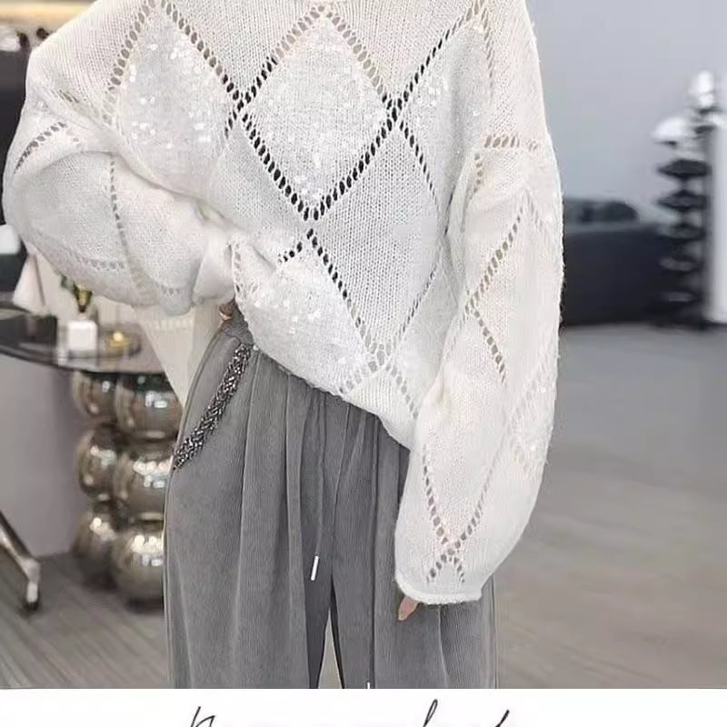 Women's Loose Knit Sweater with Sequins Diamond Pattern - Image 2