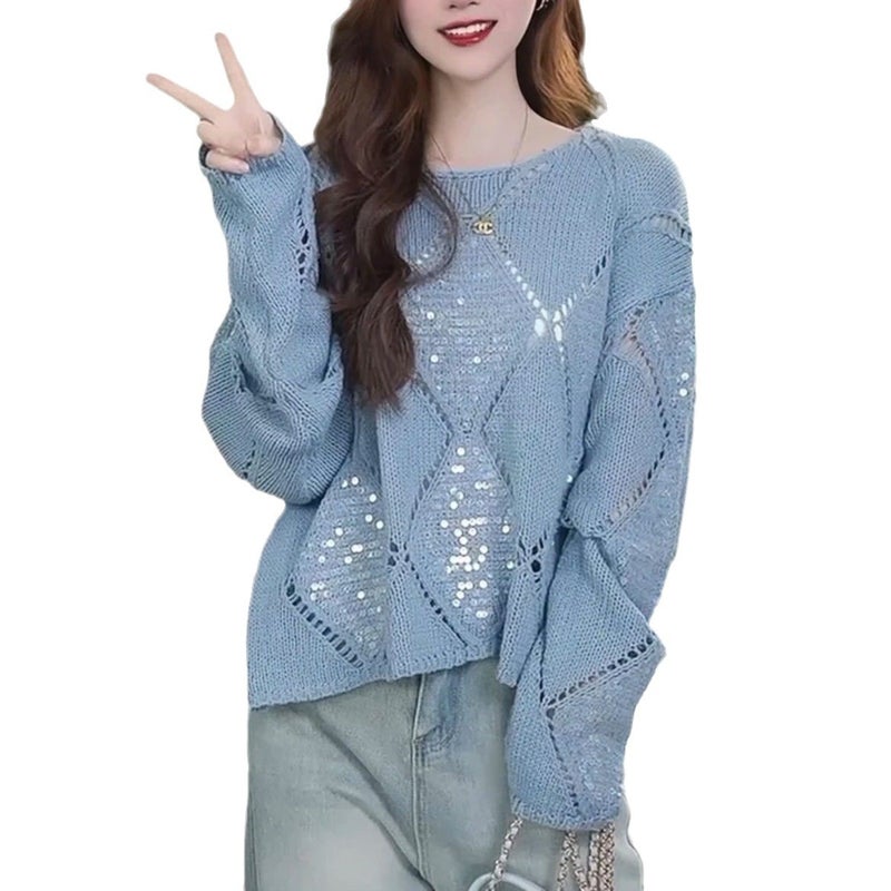 Women's Loose Knit Sweater with Sequins Diamond Pattern - Image 5
