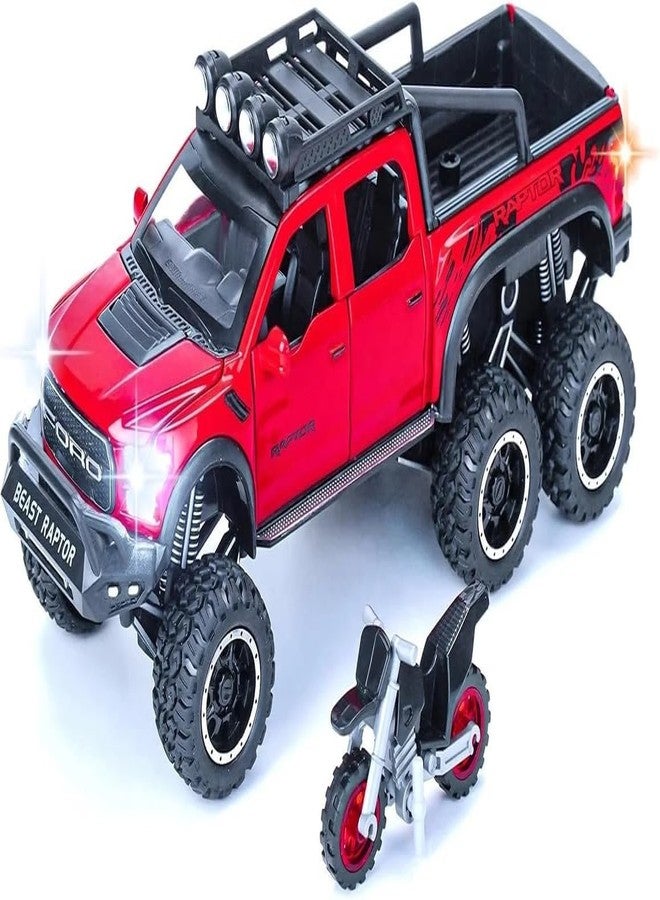 AHBHT Kids Model 1:24 Raptor F150 Die Cast Metal Car Pull Back Action Opening Doors with Realistic Engine Sound Lights Toy Car Gift for Boys - Red - Image 4