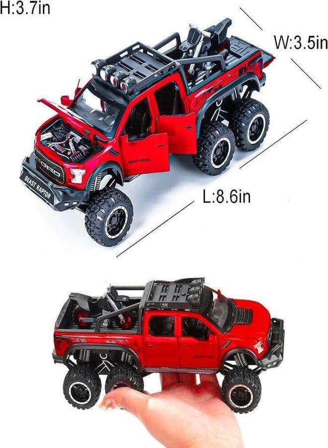 AHBHT Kids Model 1:24 Raptor F150 Die Cast Metal Car Pull Back Action Opening Doors with Realistic Engine Sound Lights Toy Car Gift for Boys - Red - Image 3