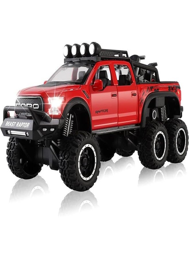 AHBHT Kids Model 1:24 Raptor F150 Die Cast Metal Car Pull Back Action Opening Doors with Realistic Engine Sound Lights Toy Car Gift for Boys - Red - Image 1