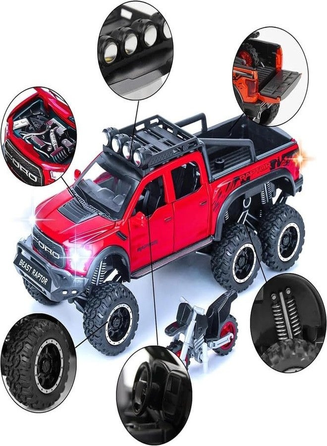AHBHT Kids Model 1:24 Raptor F150 Die Cast Metal Car Pull Back Action Opening Doors with Realistic Engine Sound Lights Toy Car Gift for Boys - Red - Image 2