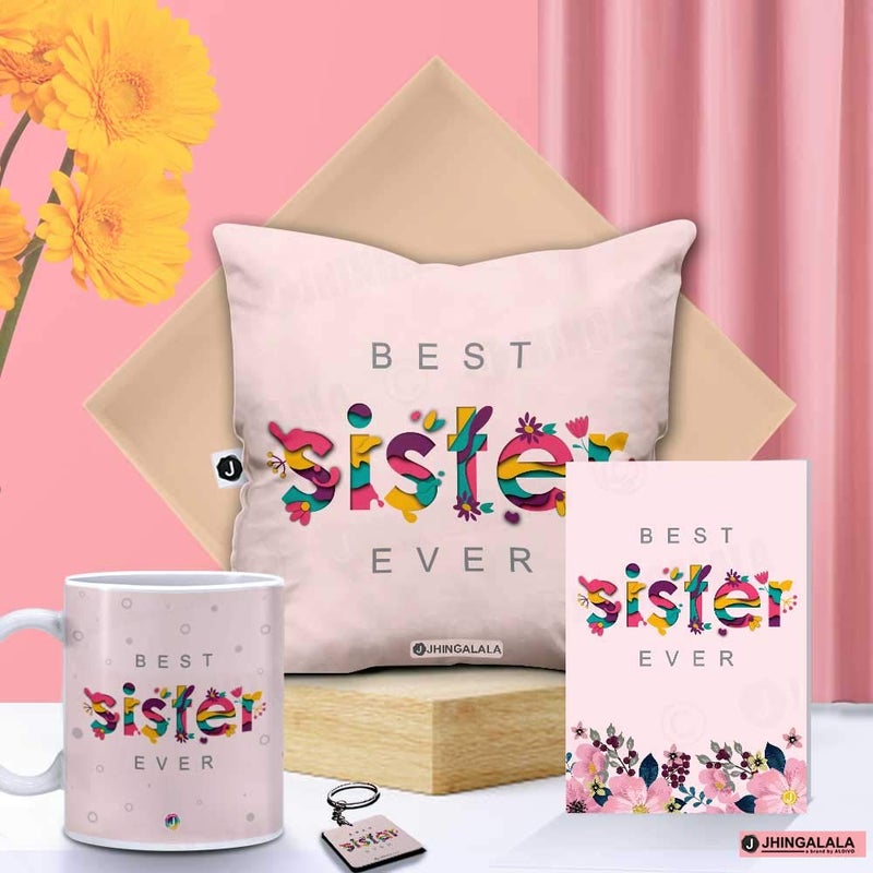 Jhingalala Jhingalala Best Sister Ever Printed Satin Cushion Mug Key Chain Greeting Card Combo Pack Multi Color - Image 1