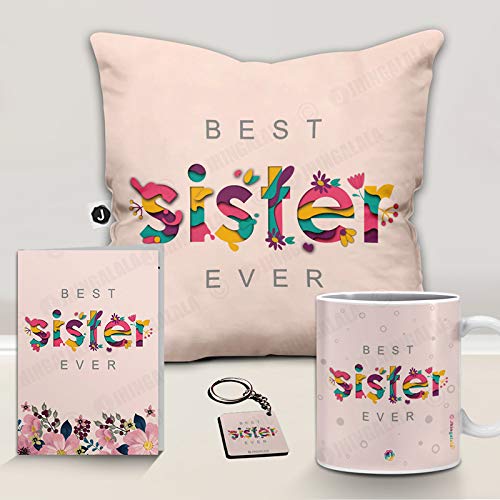 Jhingalala Jhingalala Best Sister Ever Printed Satin Cushion Mug Key Chain Greeting Card Combo Pack Multi Color - Image 2