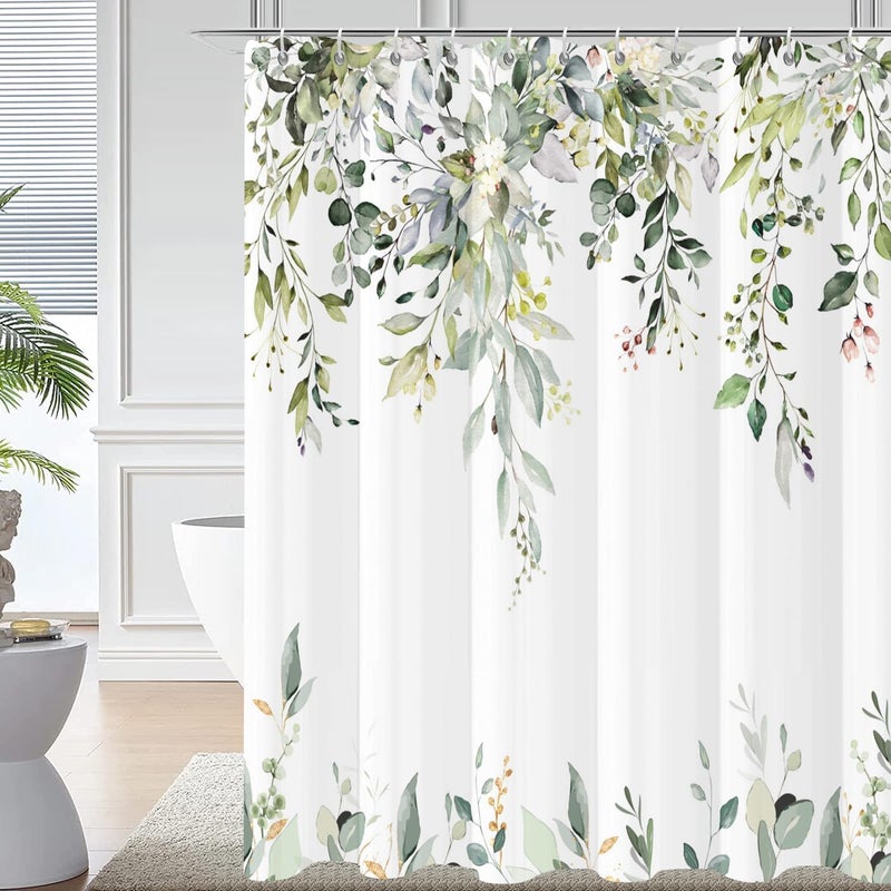 Caheansi Sage Green Eucalyptus Leaves Shower Curtain, Green and Gold Leaves Spring Botanical Plants Bathroom Curtain Waterproof Fabric Machine Washable with Hooks, 72" Wx72 L - Image 1