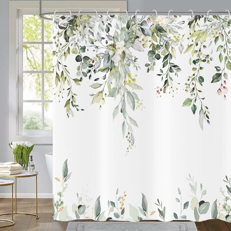 Caheansi Sage Green Eucalyptus Leaves Shower Curtain, Green and Gold Leaves Spring Botanical Plants Bathroom Curtain Waterproof Fabric Machine Washable with Hooks, 72" Wx72 L - Image 2