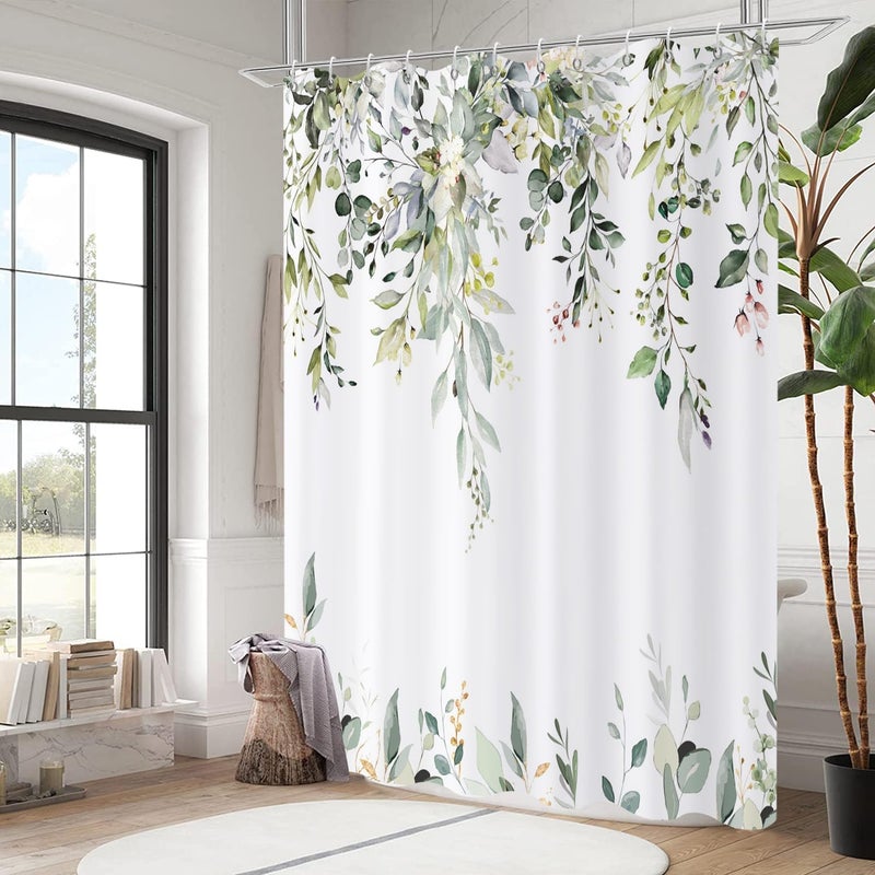Caheansi Sage Green Eucalyptus Leaves Shower Curtain, Green and Gold Leaves Spring Botanical Plants Bathroom Curtain Waterproof Fabric Machine Washable with Hooks, 72" Wx72 L - Image 3