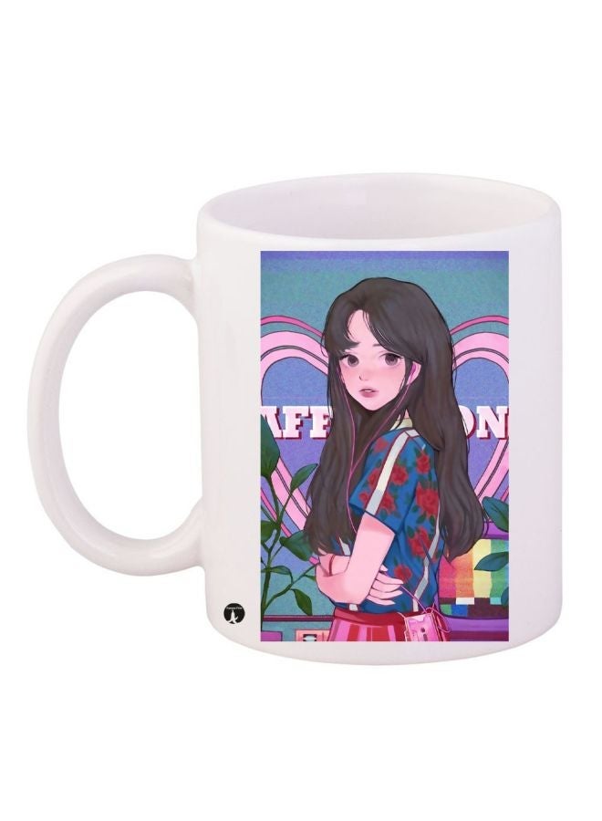 RYN Cartoon Girl Printed Coffee Mug White/Pink/Blue 11ounce