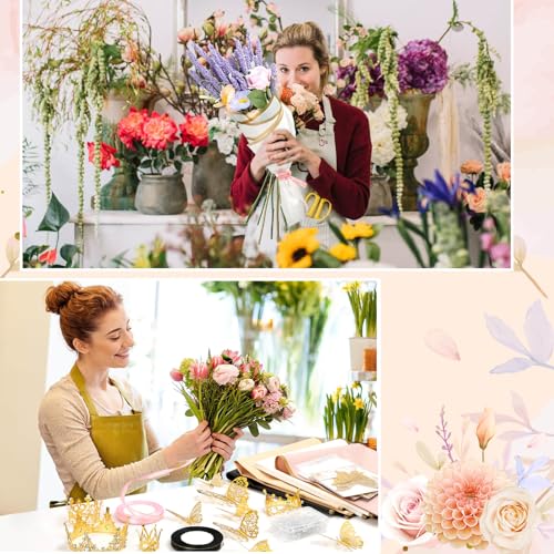 cridoz 195Pcs Flower Bouquet Accessories Supplies, 40 Flower Wrapping Paper, 4 Gold Crowns, 48 Butterfly Decorations, 100 Flower Pins and 3 Ribbons for Mother's Day Wedding Baby Shower Graduation - Image 5