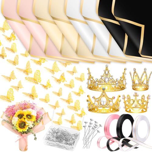 cridoz 195Pcs Flower Bouquet Accessories Supplies, 40 Flower Wrapping Paper, 4 Gold Crowns, 48 Butterfly Decorations, 100 Flower Pins and 3 Ribbons for Mother's Day Wedding Baby Shower Graduation - Image 1