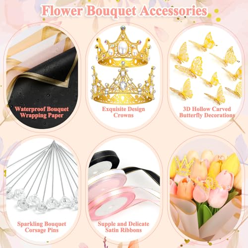 cridoz 195Pcs Flower Bouquet Accessories Supplies, 40 Flower Wrapping Paper, 4 Gold Crowns, 48 Butterfly Decorations, 100 Flower Pins and 3 Ribbons for Mother's Day Wedding Baby Shower Graduation - Image 3