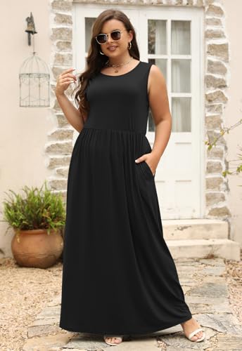 Nemidor Plus Size Maxi Dress for Curvy Women Summer Loose Casual Sleeveless with Pocket Long Dresses 14-26(239,20,Black+Sleeveless) - Image 3