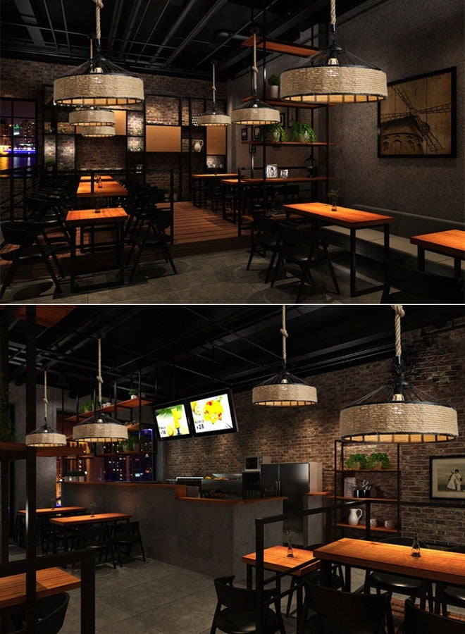 VUCATIN Vintage Hemp Rope Chandelier Retro Industrial Wrought Iron Loft Ceiling Chandelier Hollow Out Lampshade Suspension Lighting Bedroom Bedside Lamp Island Lights (E) - Image 4