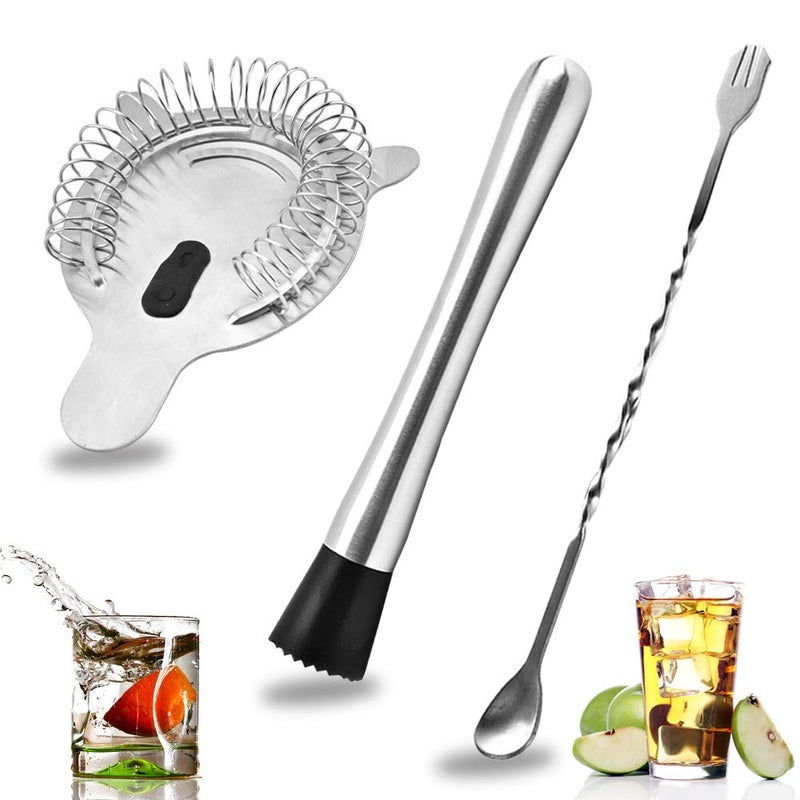 SENHAI Stainless Steel Cocktail Muddler, Spiral Mixing Spoon & 4-Prong Bar Strainer, Home Bar Bartender's Muddling Tool Set - Image 1