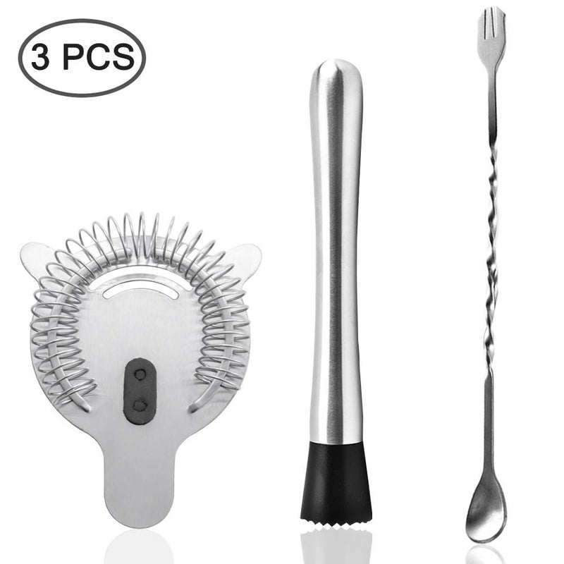 SENHAI Stainless Steel Cocktail Muddler, Spiral Mixing Spoon & 4-Prong Bar Strainer, Home Bar Bartender's Muddling Tool Set - Image 2