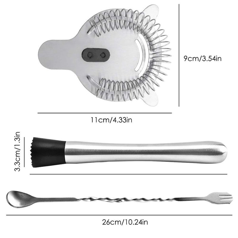 SENHAI Stainless Steel Cocktail Muddler, Spiral Mixing Spoon & 4-Prong Bar Strainer, Home Bar Bartender's Muddling Tool Set - Image 3