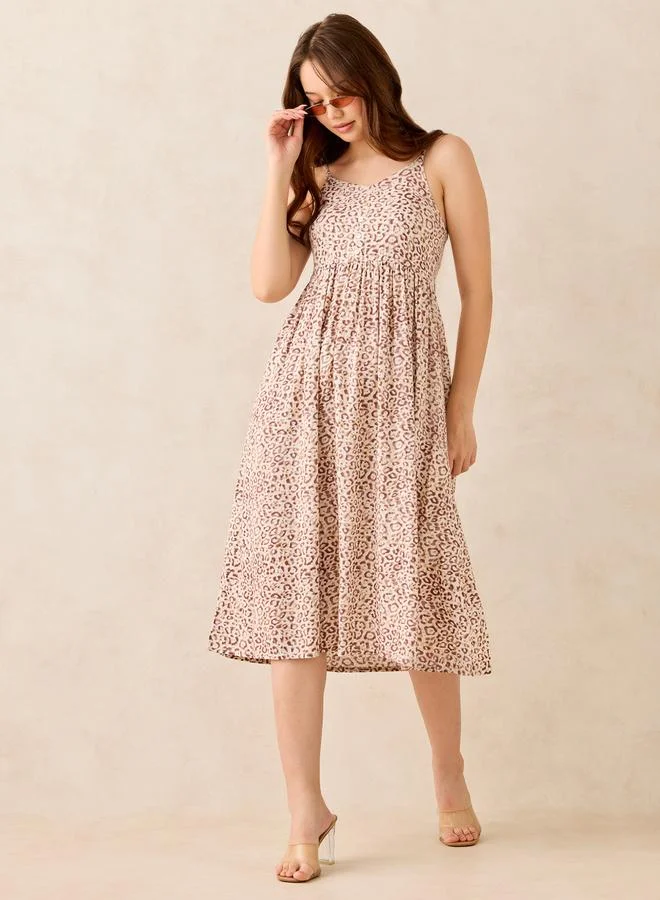 Outzidr  Brown Animal Print Strappy Midi Dress for Women | Best Price UAE