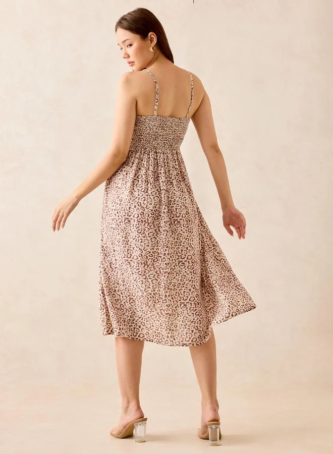 Outzidr  Brown Animal Print Strappy Midi Dress for Women | Best Price UAE