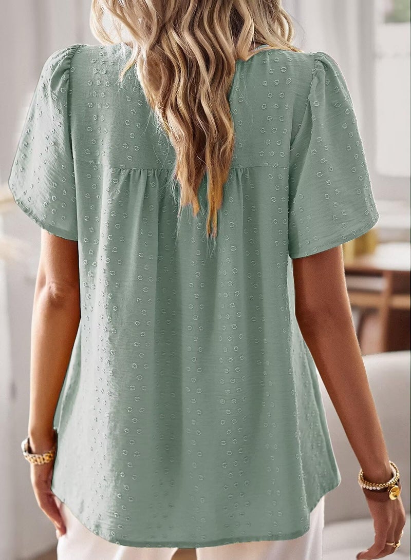 Falechay Plus Size Tops for Women Swiss Dot Solid Lace Flowy Short Sleeve Blouse Boho Round Neck Girls Loose Fit 2026 Sage Green XXL - Image 3