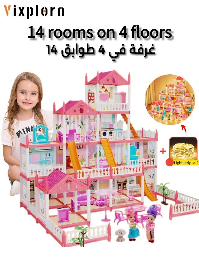 Vixplorn young girls games/Dollhouses Play house DIY toys, fantasy princess simulation castle, DIY dollhouse, 4 layers 14 rooms, send dazzling colorful light strings 1, children's play house toys, girls princess simulation castle toys, suitable for children's gifts, gift gifts, suitable for children over 3 + years old - Image 1