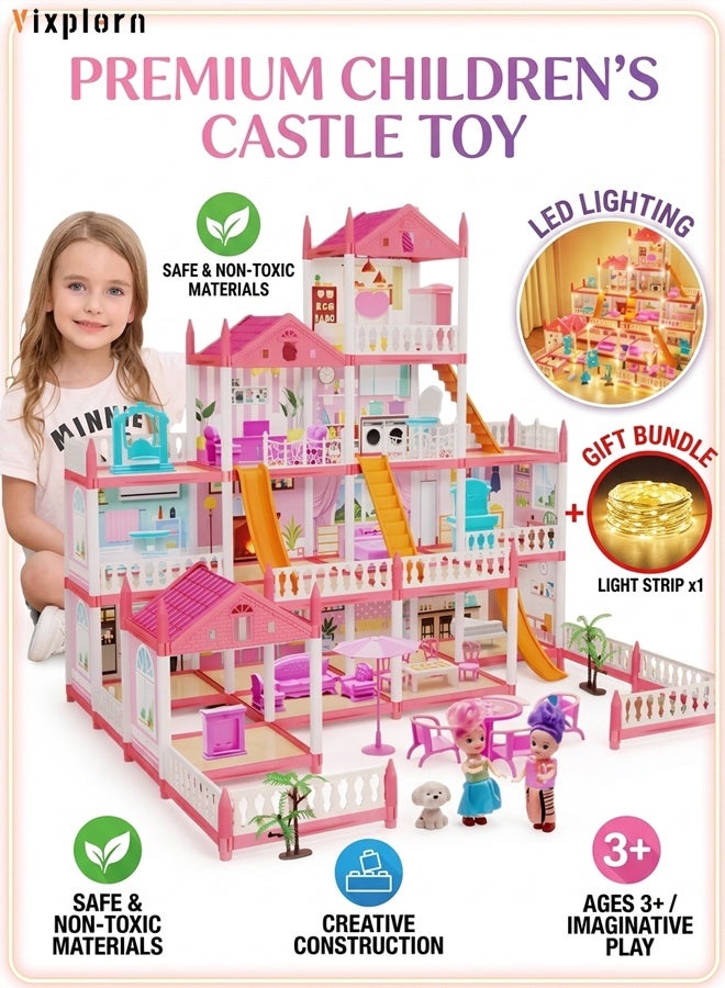 Vixplorn 4-Story Dollhouse, Dreamy Princess Castle, DIY Dollhouse, 14 Rooms, Includes Two Dolls and a Colorful String of Lights, Children's Pretend Play Toy, Girl's Princess Castle Toy, Suitable as a Children's Gift, Gift for Children 3 Years and Up - Image 1