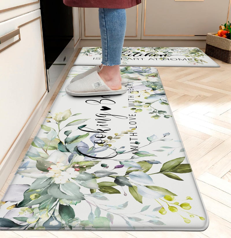 weesire Green Kitchen Rug Anti Fatigue Mats for Kitchen Floor Kitchen Rugs Sage Green Floral Herb Memory Foam Kitchen Mat Cushioned PVC Leather Kitchen Rug Set 173x28173x47 inchs