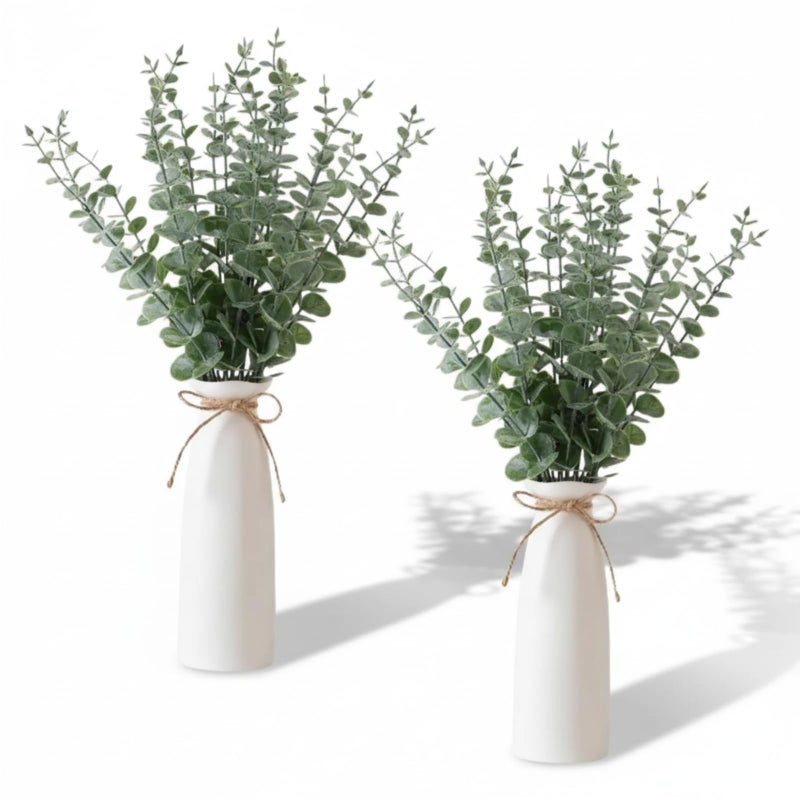 LemonRoad 2 Pack Vase with Greenery 40 Pcs Artificial Eucalyptus Stems in White Ceramic Tall Vase 19" Boho Home Decor Fake Plants for Home Table Centerpiece Bathroom Tabletop Indoor Decor(Elegant) - Image 1