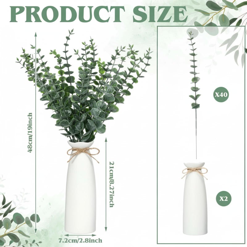 LemonRoad 2 Pack Vase with Greenery 40 Pcs Artificial Eucalyptus Stems in White Ceramic Tall Vase 19" Boho Home Decor Fake Plants for Home Table Centerpiece Bathroom Tabletop Indoor Decor(Elegant) - Image 2