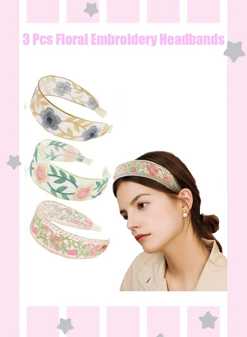 3 قطع من عصابات الرأس المطرزة بالزهور للنساء والفتيات، عصابات شعر واسعة مرنة من الدانتيل العتيق، عصابة رأس شبكية غير قابلة للانزلاق مع عقدة علوية لإكسسوارات الشعر في الربيع والصيف(متعدد الألوان) - Image 1