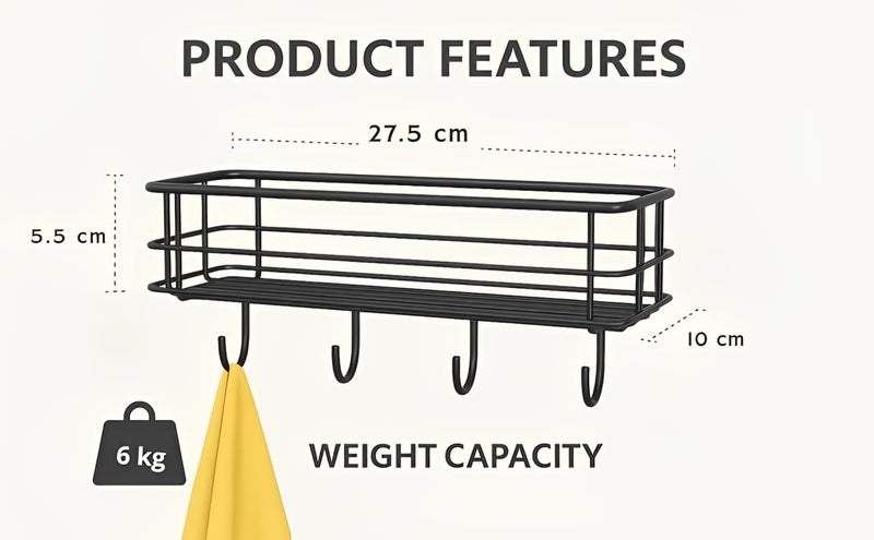 Puno Pack of 2 Wall Mounted Bathroom Shelf Rack | Self Adhesive Black Steel Storage Organizer with 4 Hooks for Kitchen & Bathroom - Image 2