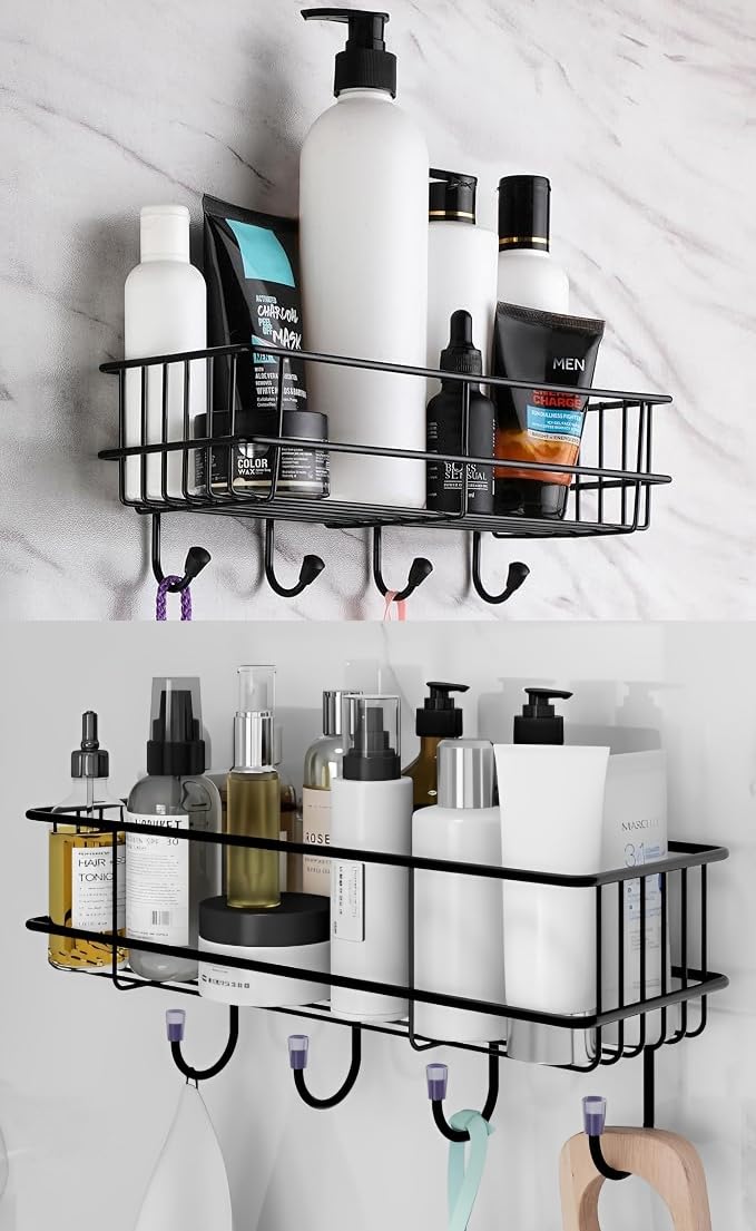 Puno Pack of 2 Wall Mounted Bathroom Shelf Rack | Self Adhesive Black Steel Storage Organizer with 4 Hooks for Kitchen & Bathroom - Image 5