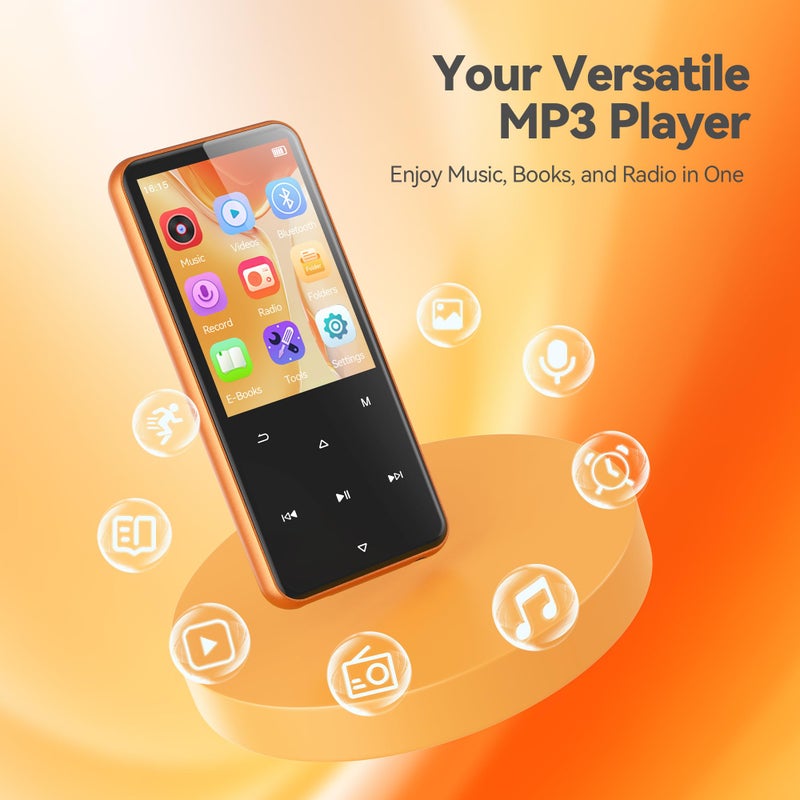 AGPTEK 64GB MP3 Player with Bluetooth, M3 2.4 inch Music Player with Speaker and FM Radio, Touch Buttons, Supports Up to 128GB(Orange) - Image 2