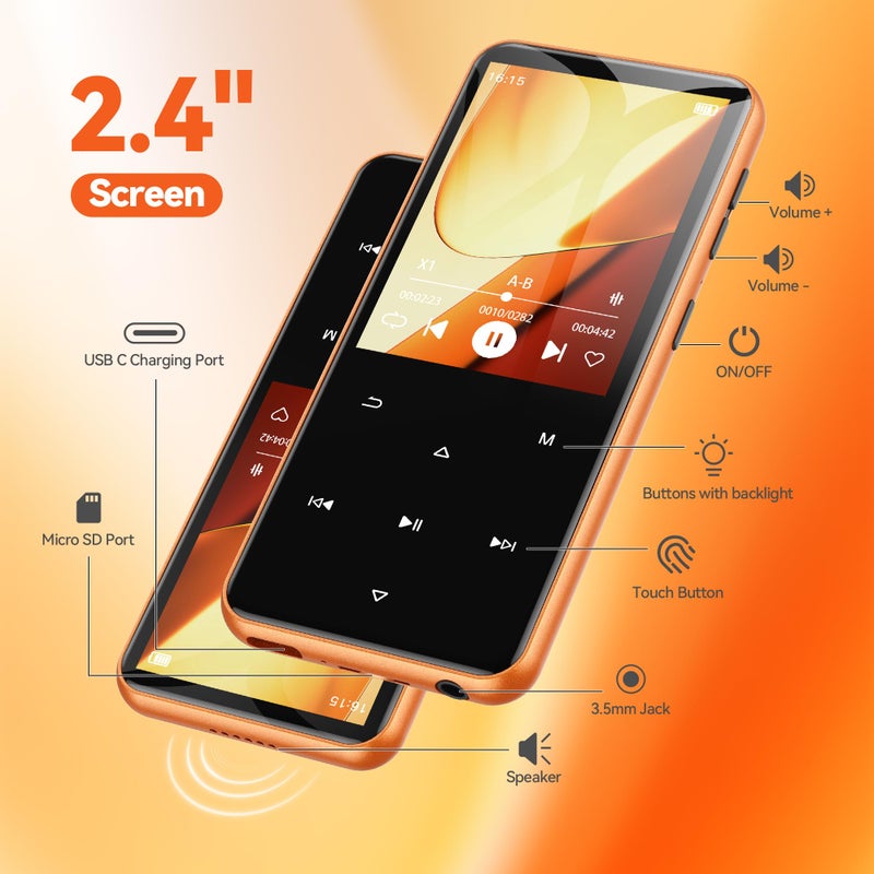 AGPTEK 64GB MP3 Player with Bluetooth, M3 2.4 inch Music Player with Speaker and FM Radio, Touch Buttons, Supports Up to 128GB(Orange) - Image 5