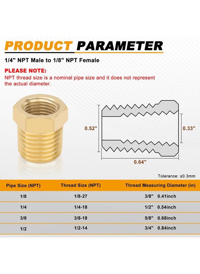 KOOTANS 4pcs Heavy Duty 1/4 NPT Male Thread to 1/8 Female Brass Reducer Hex Bushing Fitting Pipe Hose Tube Adapter Convert - Image 2