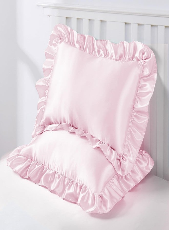 Entisn Ruffle Satin Toddler Pillowcase Set of 2, 13 x 18 Inch Toddler Silky Pillow Covers with Envelope Closure, Anti Wrinkle Soft Travel Pillow Case Nursery Pillow Sham for Girls, Boys (Baby Pink) - Image 2