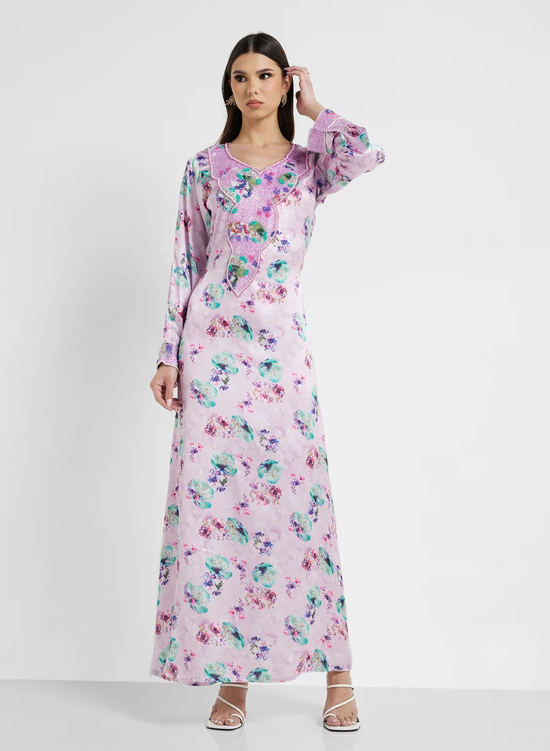 ARABIAN CLOSET Embellished Belted Jalabiya