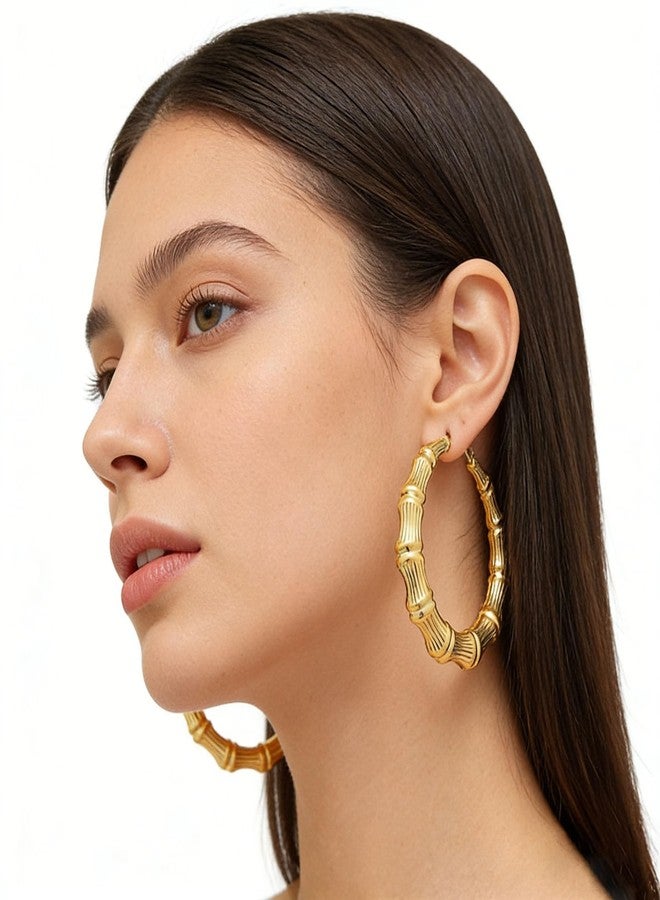 WLL 80mm Bamboo Earrings for Women Chunky 90s Hoop Earrings Large Bamboo Earrings Oversized Outfits for Women Hip Hop Jewelry Party Custom Accessories (A:gold-tone) - Image 4