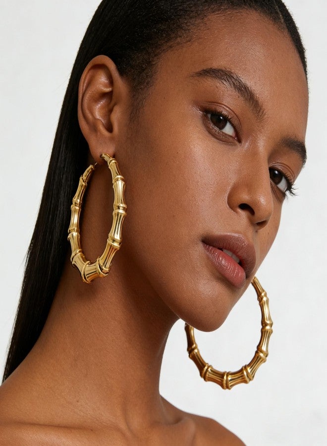 WLL 80mm Bamboo Earrings for Women Chunky 90s Hoop Earrings Large Bamboo Earrings Oversized Outfits for Women Hip Hop Jewelry Party Custom Accessories (A:gold-tone) - Image 3